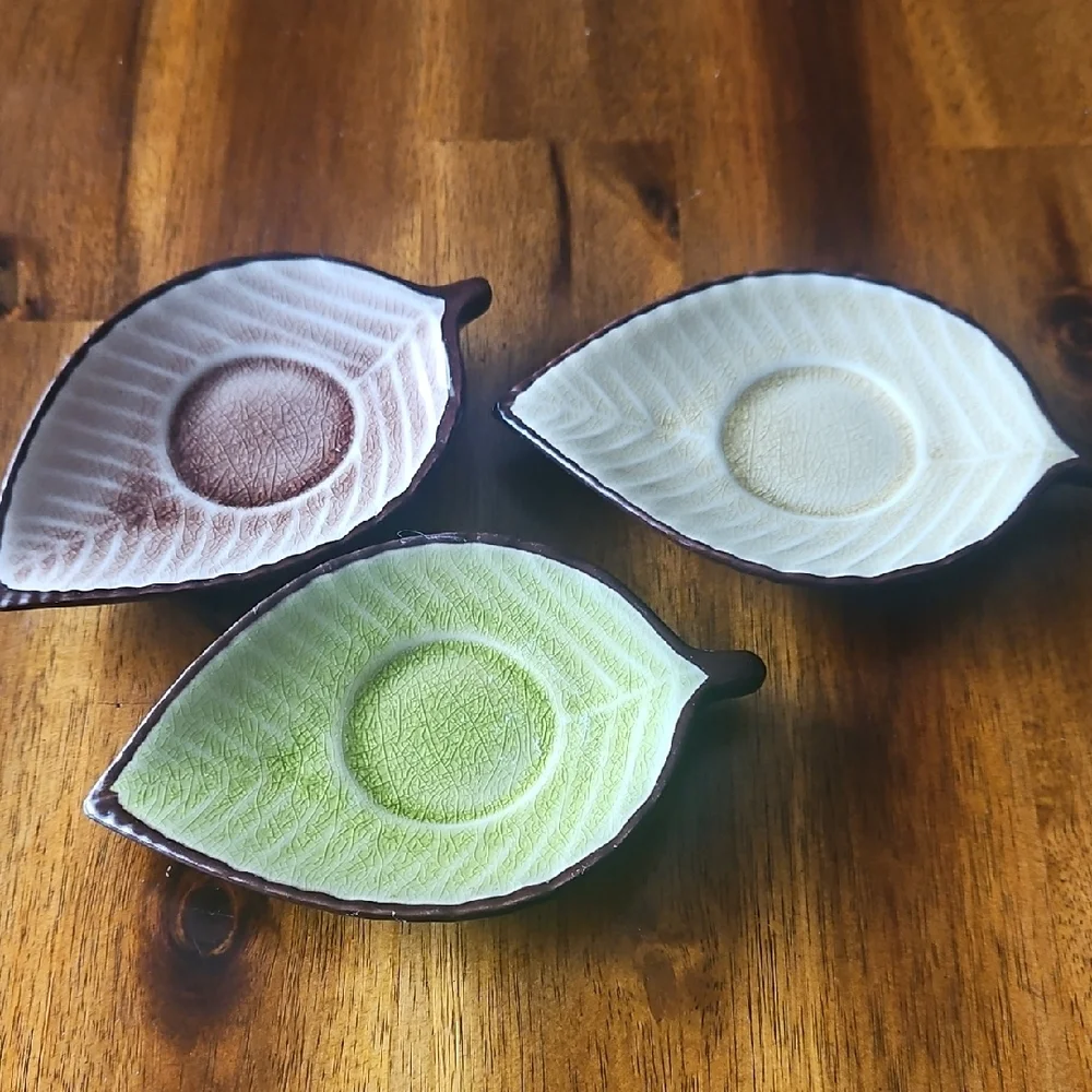 Pier 1 Imports Leaf-Shaped Ceramic Trinket Dishes - Green, Cream, Brown